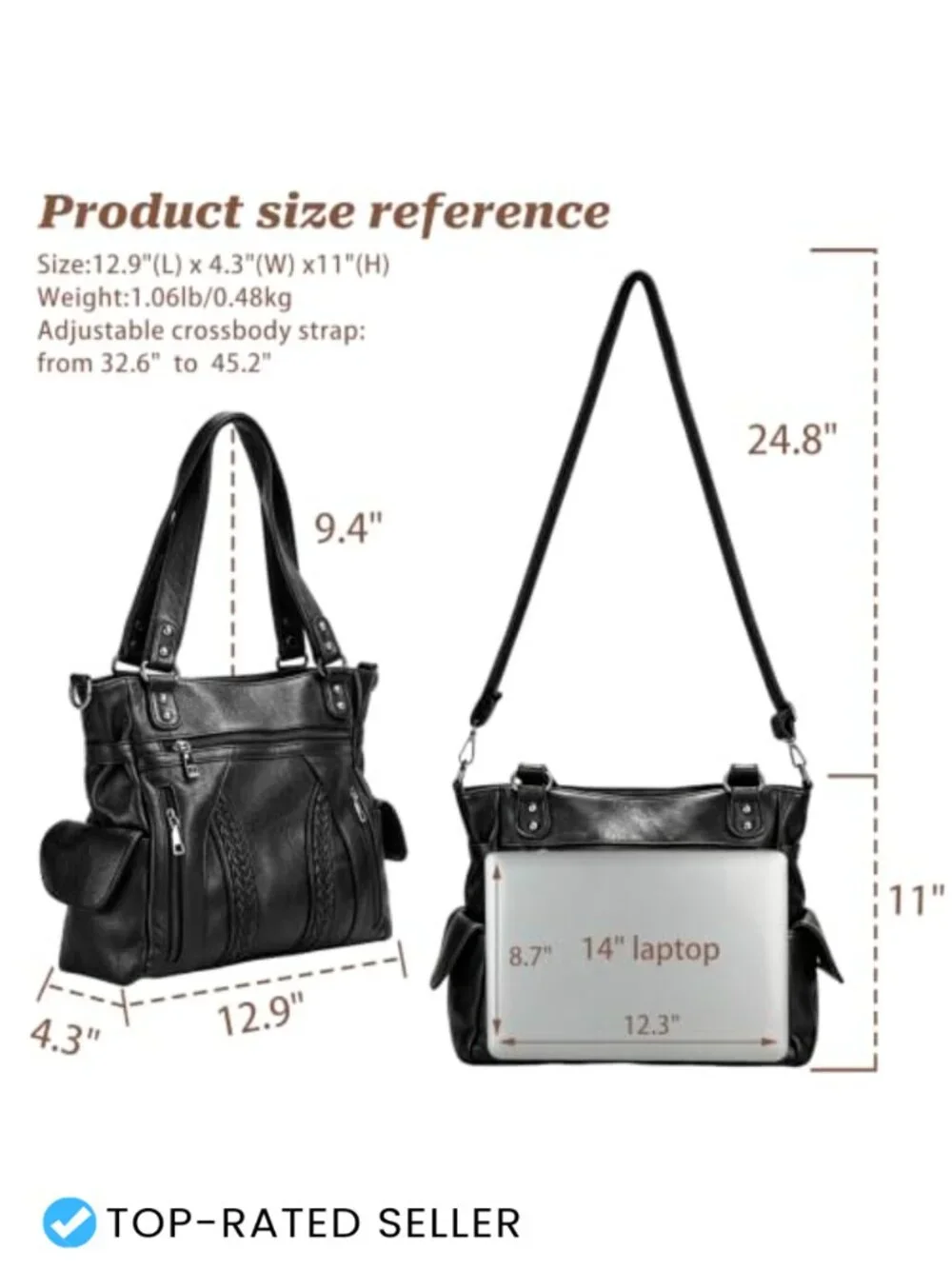 Vegan Leather Hobo Bag 3-in-1 Tote Crossbody Large Multi-Pocket